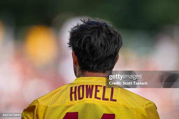 Sam Howell of the Washington Commanders looks on during training camp at OrthoVirginia Training Center on July 28, 2022 in Ashburn, Virginia.