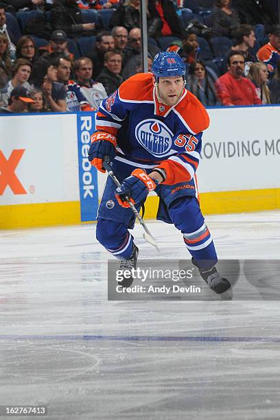 Ben Eager of the Edmonton Oilers skates on the ice in a game against the Minnesota Wild on February 21, 2013 at Rexall Place in Edmonton, Alberta,...