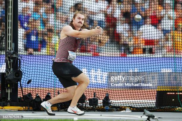 Ethan Katzberg of Team Canada competes in the Men's Hammer Throw Final during day two of the World Athletics Championships Budapest 2023 at National...