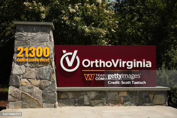 General view of the Washington Commanders OrthoVirginia Training Center sign during training camp on July 28, 2022 in Ashburn, Virginia.