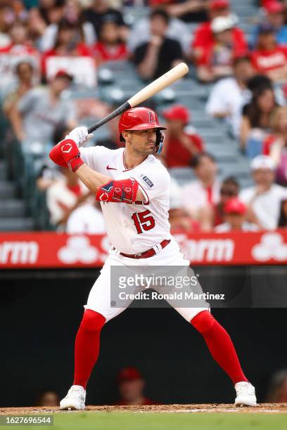 Randal Grichuk of the Los Angeles Angels during game two of a doubleheader at Angel Stadium of Anaheim on August 19, 2023 in Anaheim, California.