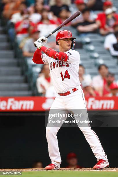 Logan O'Hoppe of the Los Angeles Angels during game two of a doubleheader at Angel Stadium of Anaheim on August 19, 2023 in Anaheim, California.