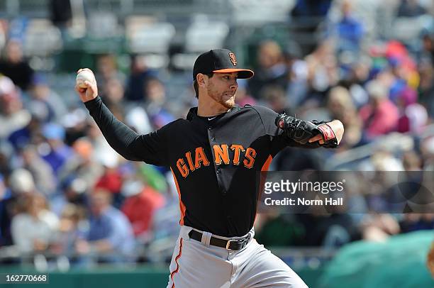 Steve Edlefsen of the San Francisco Giants delivers a pitch against the Chicago Cubs during the spring training game at Hohokam Stadium on February...