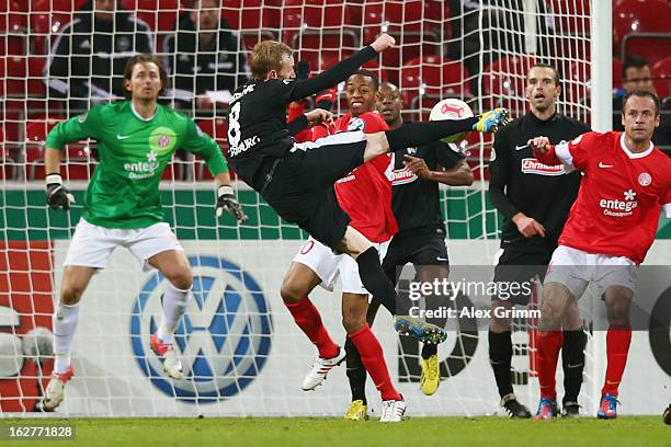 Jan Rosenthal of Freiburg tries to score during the DFB Cup Quarter Final match between FSV Mainz 05 and SC Freiburg at Coface Arena on February 26,...