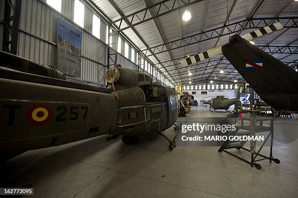 View of a Spanish helicopter ceded to Uruguay at the hangar of the Brigade 1 of the Uruguayan Air Force in Montevideo, Uruguay on February 26, 2013....