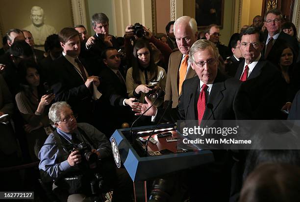 Senate Minority Leader Mitch McConnell speaks with members of the Republican leadership on looming sequestration cuts during a press conference...