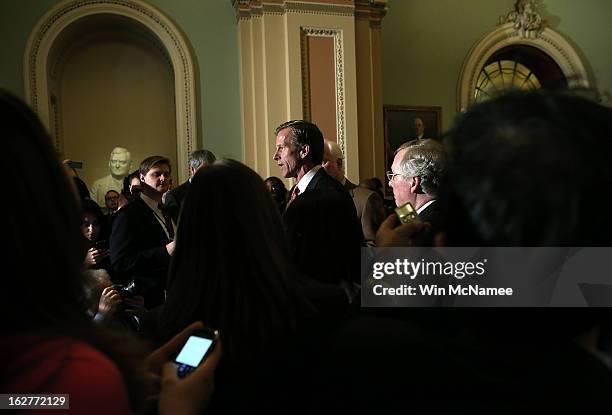 Sen. John Thune speaks with members of the Republican leadership on looming sequestration cuts during a press conference following policy luncheons...