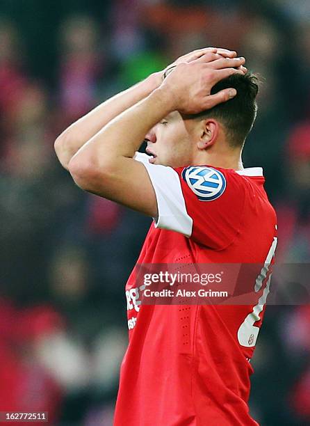 Adam Szalai of Mainz reacts during the DFB Cup Quarter Final match between FSV Mainz 05 and SC Freiburg at Coface Arena on February 26, 2013 in...