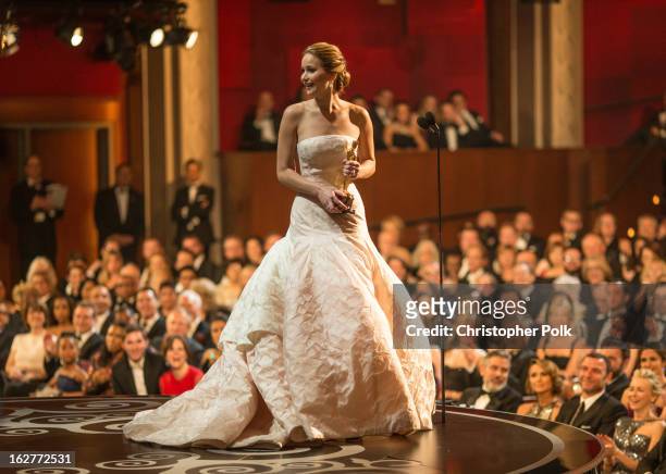 Actress Jennifer Lawrence accepts the award for Actress in a Leading Role onstage during the Oscars held at the Dolby Theatre on February 24, 2013 in...