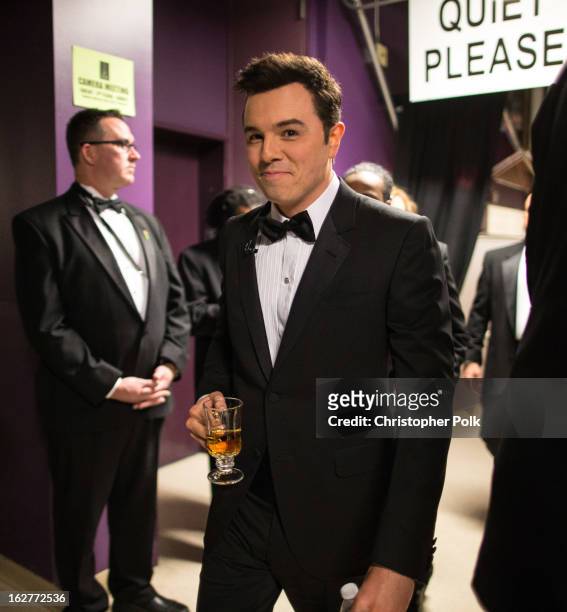Host Seth MacFarlane backstage during the Oscars held at the Dolby Theatre on February 24, 2013 in Hollywood, California.