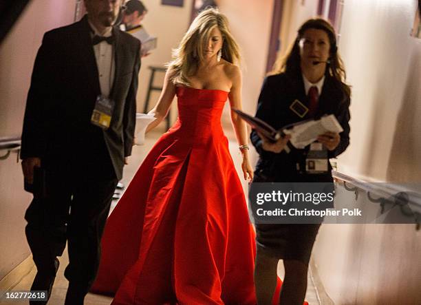 Jennifer Aniston backstage during the Oscars held at the Dolby Theatre on February 24, 2013 in Hollywood, California.