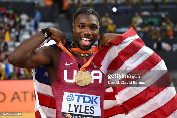 Gold medalist Noah Lyles of Team United States reacts after winning the Men's 100m Final during day two of the World Athletics Championships Budapest...