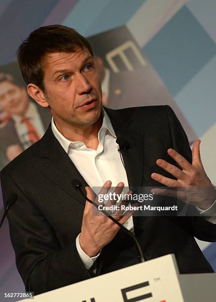 Rene Obermann, CEO of Deutsche Telekom AG speaks during a keynote presentation at the Mobile World Congress 2013 on February 26, 2013 in Barcelona,...