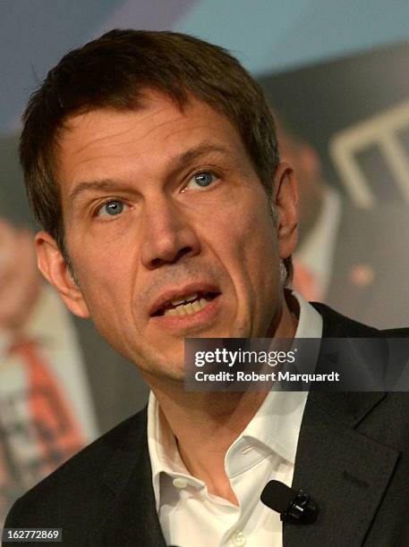 Rene Obermann, CEO of Deutsche Telekom AG speaks during a keynote presentation at the Mobile World Congress 2013 on February 26, 2013 in Barcelona,...