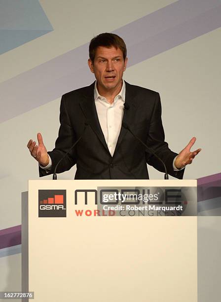 Rene Obermann, CEO of Deutsche Telekom AG speaks during a keynote presentation at the Mobile World Congress 2013 on February 26, 2013 in Barcelona,...