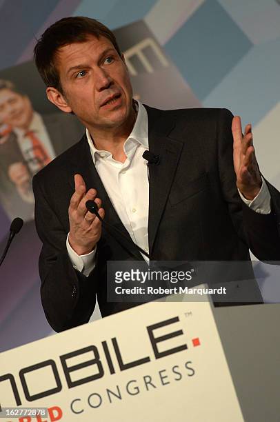 Rene Obermann, CEO of Deutsche Telekom AG speaks during a keynote presentation at the Mobile World Congress 2013 on February 26, 2013 in Barcelona,...