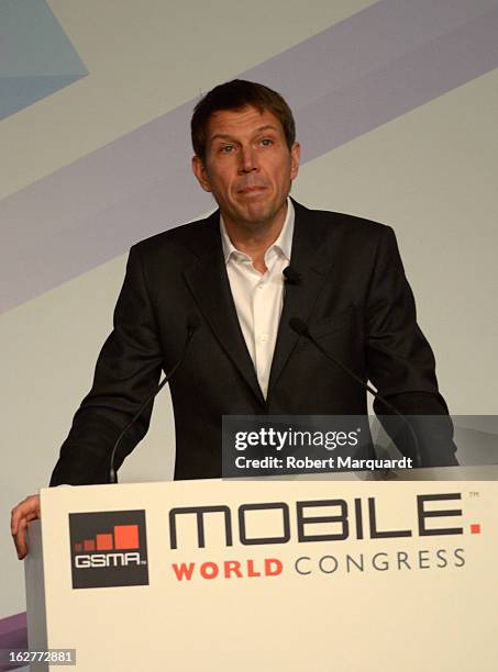 Rene Obermann, CEO of Deutsche Telekom AG speaks during a keynote presentation at the Mobile World Congress 2013 on February 26, 2013 in Barcelona,...