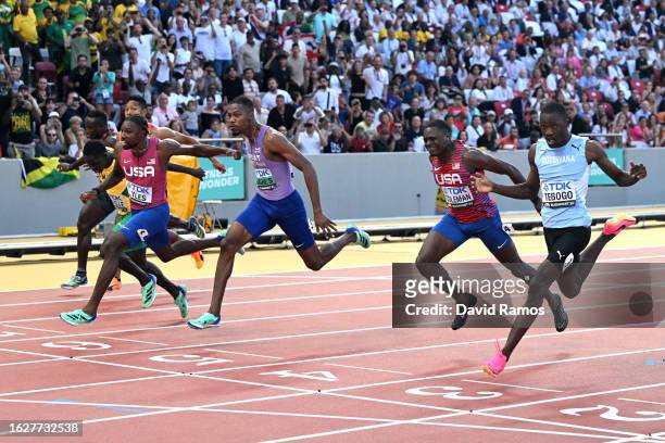 Noah Lyles of Team United States, Zharnel Hughes of Team Great Britain, Christian Coleman of Team United States and Letsile Tebogo of Team Botswana...