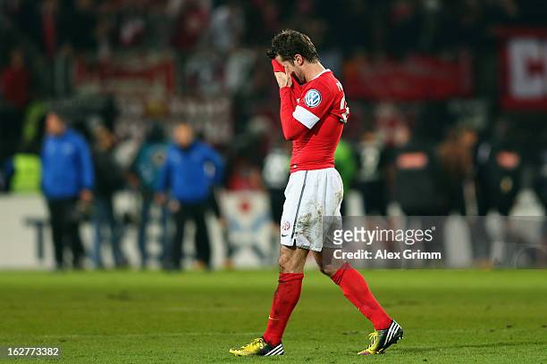 Andreas Ivanschitz of Mainz reacts after the DFB Cup Quarter Final match between FSV Mainz 05 and SC Freiburg at Coface Arena on February 26, 2013 in...