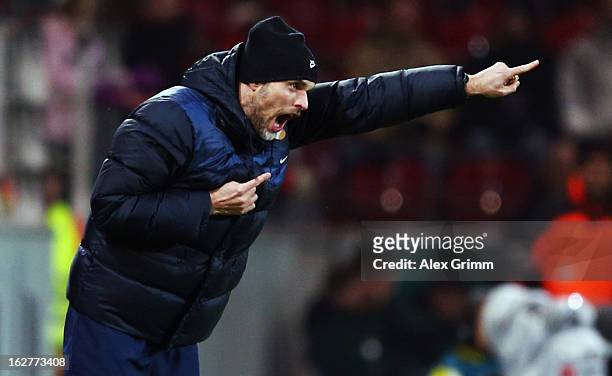 Head coach Thomas Tuchel of Mainz reacts during the DFB Cup Quarter Final match between FSV Mainz 05 and SC Freiburg at Coface Arena on February 26,...
