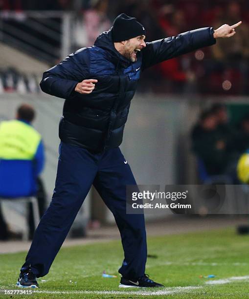 Head coach Thomas Tuchel of Mainz reacts during the DFB Cup Quarter Final match between FSV Mainz 05 and SC Freiburg at Coface Arena on February 26,...