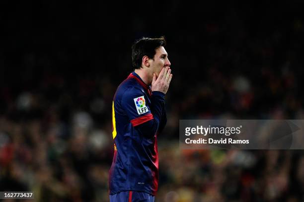 Lionel Messi of FC Barcelona reacts after missing a chance to score during the Copa del Rey Semi Final second leg between FC Barcelona and Real...
