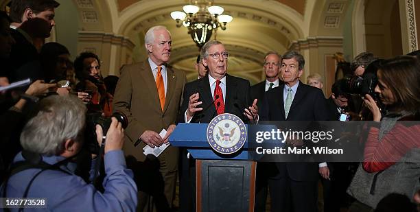 Senate Minority Leader Sen. Mitch McConnell speaks to the media as Sen. John Cornyn , Sen. John Barrasso , Sen. Jerry Moran and Sen. Roy Blunt listen...