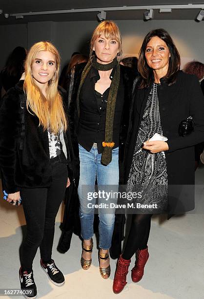 Tiger Lily Taylor, Deborah Leng and Debbie von Bismarck attend a private view of Bill Wyman's new exhibit 'Reworked' at Rook & Raven Gallery on...