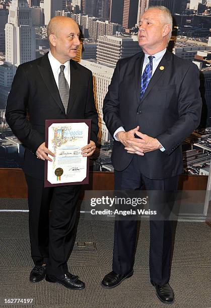 Actor Anupam Kher is presented with the Los Angeles City Proclamation by council member Tom Labonge at Los Angeles City Hall on February 26, 2013 in...