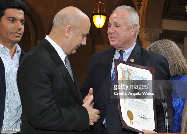 Actor Anupam Kher is presented with the Los Angeles City Proclamation by council member Tom Labonge at Los Angeles City Hall on February 26, 2013 in...