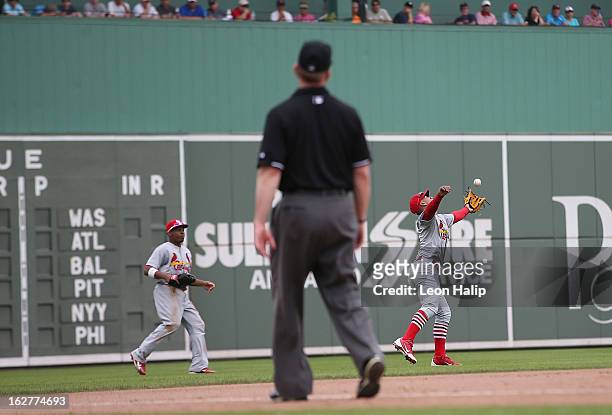 Ronny Cedeno of the St. Louis Cardinals makes the catch on the pop out from Jose Iglesias of the Boston Red Sox during the game at JetBlue Park on...