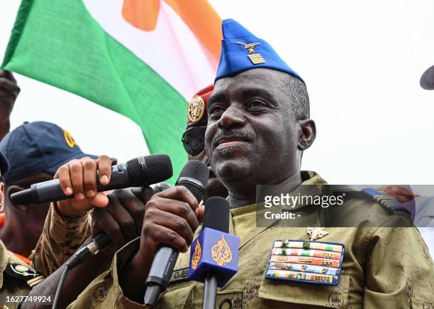 Niger's National Council for Safeguard of the Homeland leader Colonel Amadou Djibo, speaks at the General Seyni Kountche stadium in Niamey on Agust...