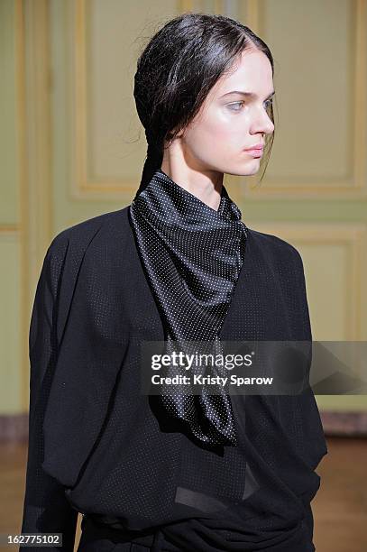 Model walks the runway during the Moon Young Hee Fall/Winter 2013/14 Ready-to-Wear show as part of Paris Fashion Week at Hotel de Varengeville on...