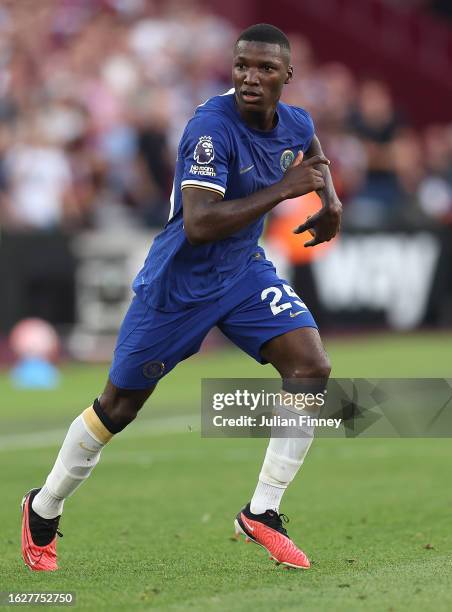 Moises Caicedo of Chelsea during the Premier League match between West Ham United and Chelsea FC at London Stadium on August 20, 2023 in London,...