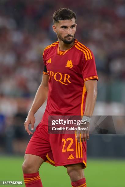 Houssem Aouar of AS Romaduring the Serie A TIM match between AS Roma and US Salernitana at Stadio Olimpico on August 20, 2023 in Rome, Italy.