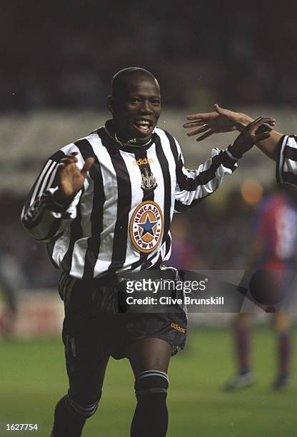 Faustino Asprilla of Newcastle celebrates during the Champions League match against Barcelona at St James'' Park in Newcastle, England. Newcastle won...