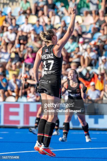 Pauline Heinz of Germany celebrates after scoring during the 2023 Women's EuroHockey Championship match between Germany vs England at Hockeypark on...