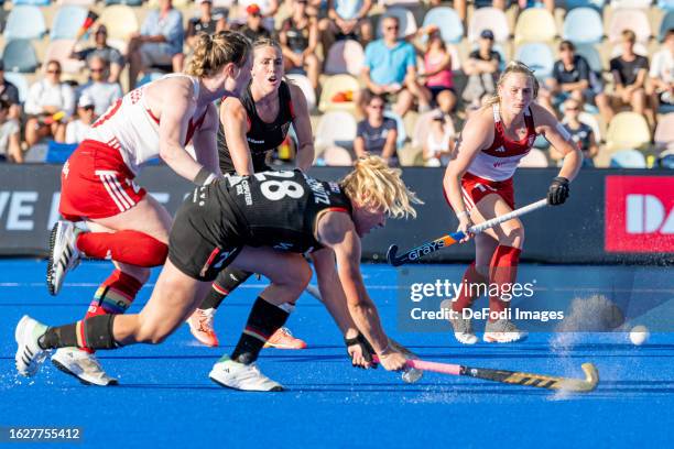 Jette Fleschütz of Germany controls the ball during the 2023 Women's EuroHockey Championship match between Germany vs England at Hockeypark on August...