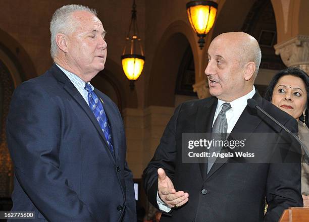 Actor Anupam Kher is presented with the Los Angeles City Proclamation by Councilmember Tom Labonge at Los Angeles City Hall on February 26, 2013 in...