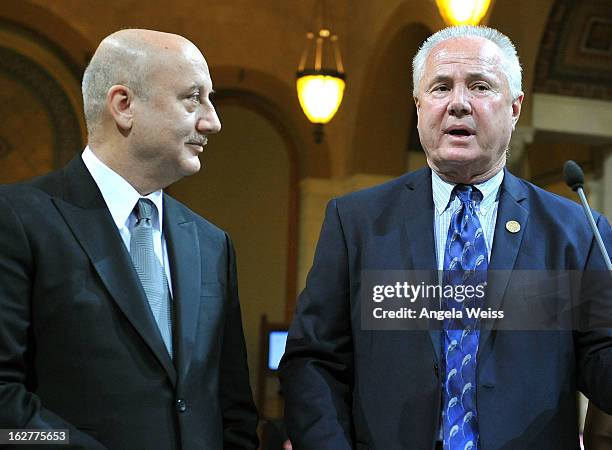 Actor Anupam Kher is presented with the Los Angeles City Proclamation by Councilmember Tom Labonge at Los Angeles City Hall on February 26, 2013 in...