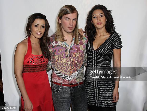 Karima Charni and Christophe Guillarme and Josephine Jobert poses during the Christophe Guillarme Fall/Winter 2013 Ready-to-Wear show as part of...