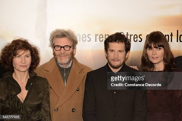 Marie Bunel, Tcheky Karyo, Guillaume Canet and Marina Hands attend the "Jappeloup" premiere at Le Grand Rex on February 26, 2013 in Paris, France.