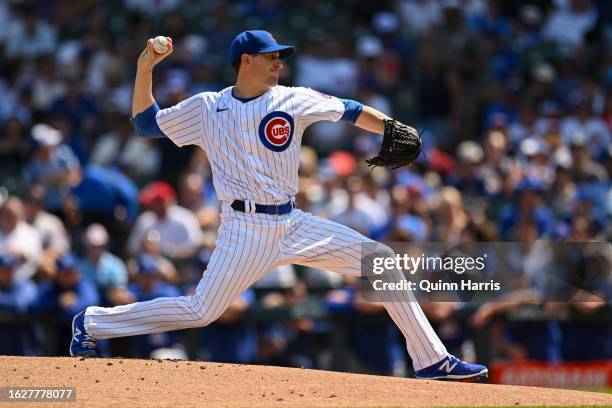 Starting pitcher Kyle Hendricks of the Chicago Cubs throws in the first inning against the Kansas City Royals at Wrigley Field on August 20, 2023 in...