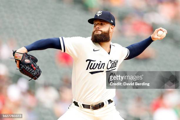 Dallas Keuchel of the Minnesota Twins pitches against the Pittsburgh Pirates in the first inning at Target Field on August 20, 2023 in Minneapolis,...