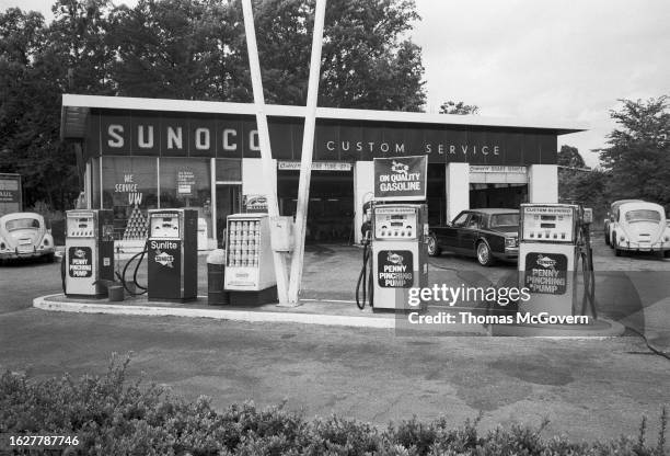 Sunoco gas station with gas pumps in 1978 in College Park in Maryland.