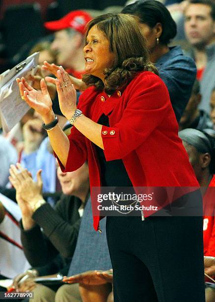 Head coach C. Vivian Stringer of the Rutgers Scarlet Knights cheers on her team against the South Florida Bulls during the first half in a game at...