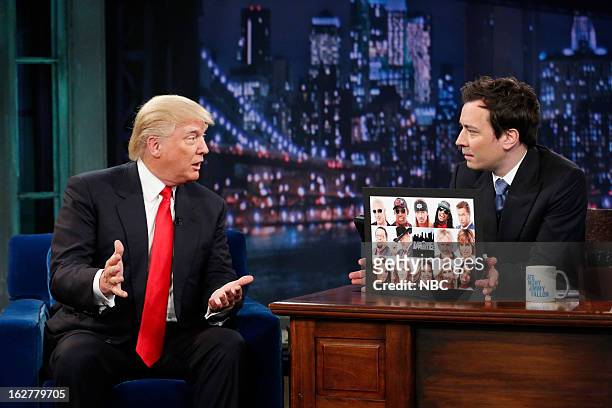 Episode 791 -- Pictured: All-Star Celebrity Apprentice's Donald Trump with host Jimmy Fallon during an interview on February 26, 2013 --