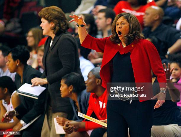 Head coach C. Vivian Stringer of the Rutgers Scarlet Knights yells to her team during a game against the South Florida Bulls in a game at the Louis...