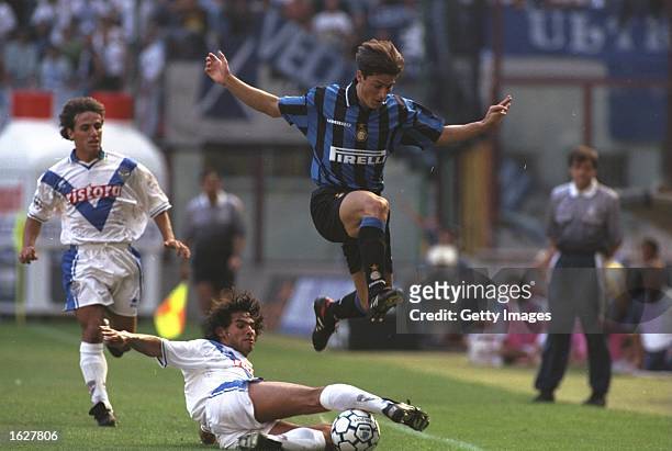 Jazier Zanetti of Inter Milan is foiled by the Brescia defence during the Serie A match at the San Siro in Milan, Italy. \ Mandatory Credit: Allsport...