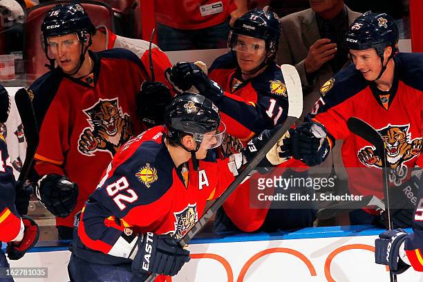 Tomas Kopecky of the Florida Panthers celebrates his hat trick with teammates against the Pittsburgh Penguins at the BB&T Center on February 26, 2013...